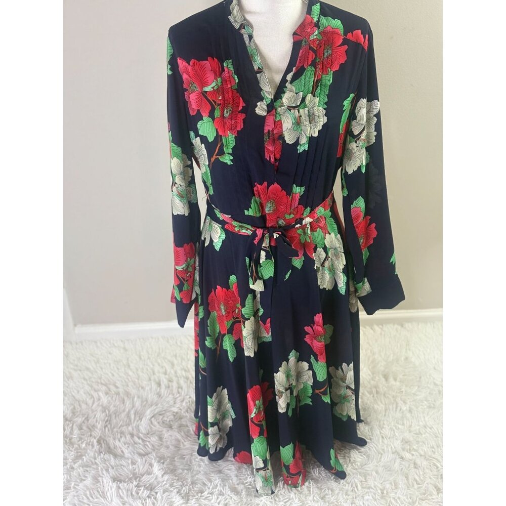 Floral Midi Dress By Nanette Lepore Size 10 Navy Red & White Belted Long Sleeve